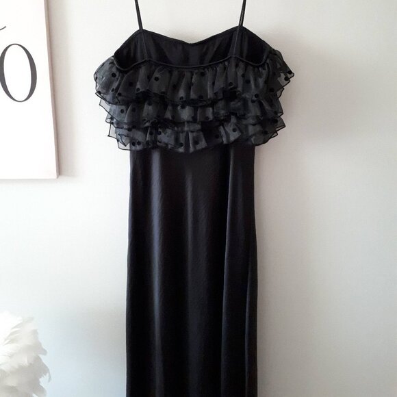 NWT Zara black satin-like maxi slip-like long dress w/ sheer ruffled accents, M - Picture 10 of 10